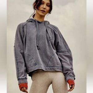 Free People FP MOVEMENT HOODIE mineral acid Wash blue embroidered buti NWOT